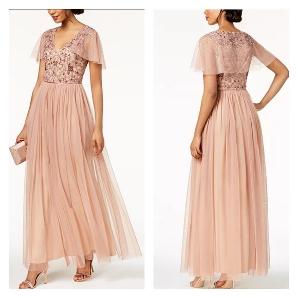 ADRIANNA PAPELL Rose Gold Beaded Embroidered Tulle Maxi Gown Dress 10 - Picture 5 of 15